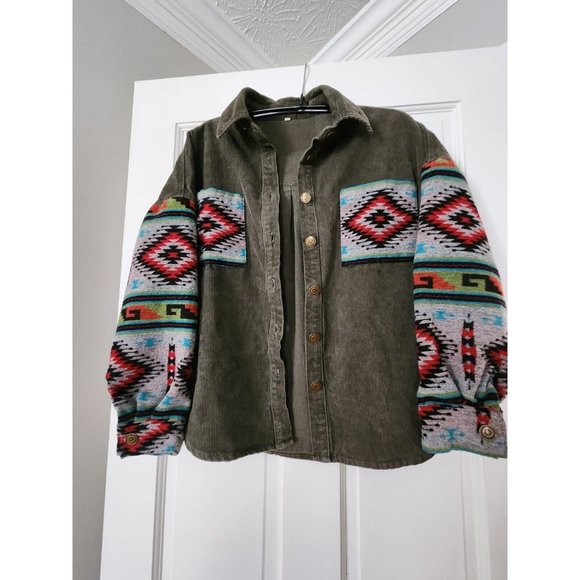 ARMY GREEN Cordoroy Winter Jacket w/Tribal Print Sz S - Picture 3 of 8
